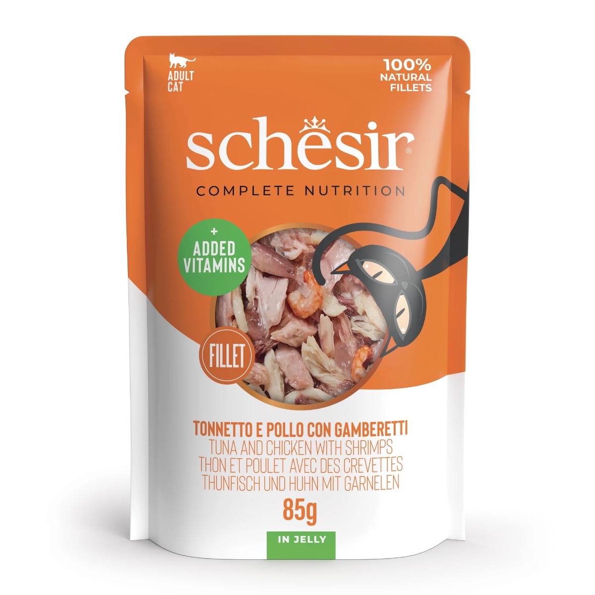 Schesir Cat tuna i pileći file s kozicama u želeu, vrećica 85 g