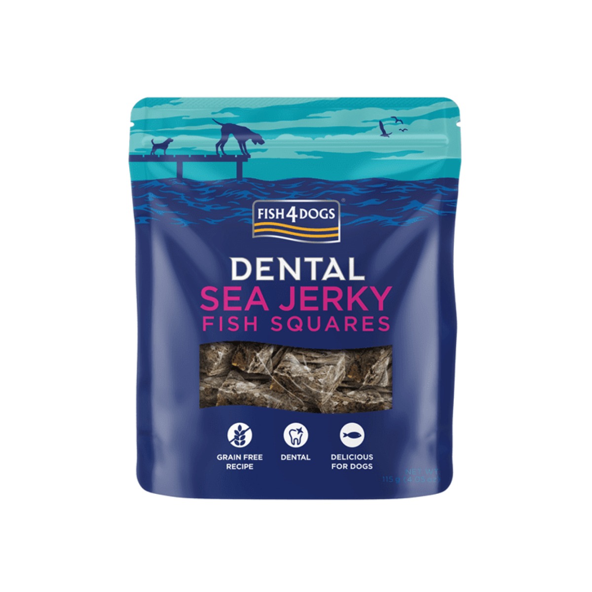 FISH4DOGS poslastica za pse Dental Sea Jerky Fish Squares koža bijele ribe 115 g