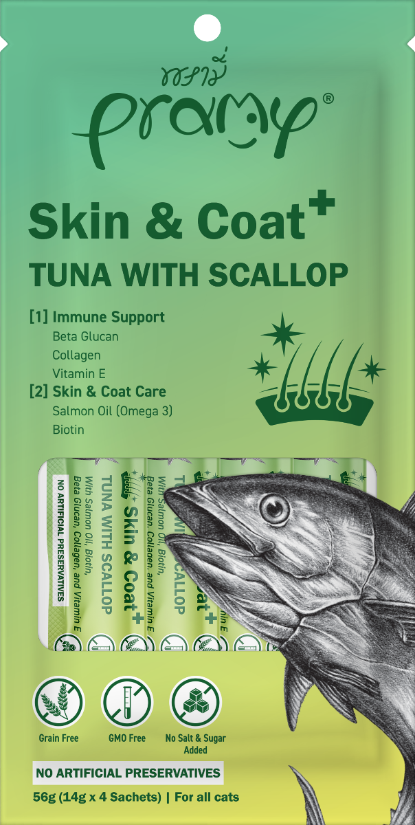 Pramy poslastica za mačke Skin&Coat od tune s jakobovim kapicama 4x14 g