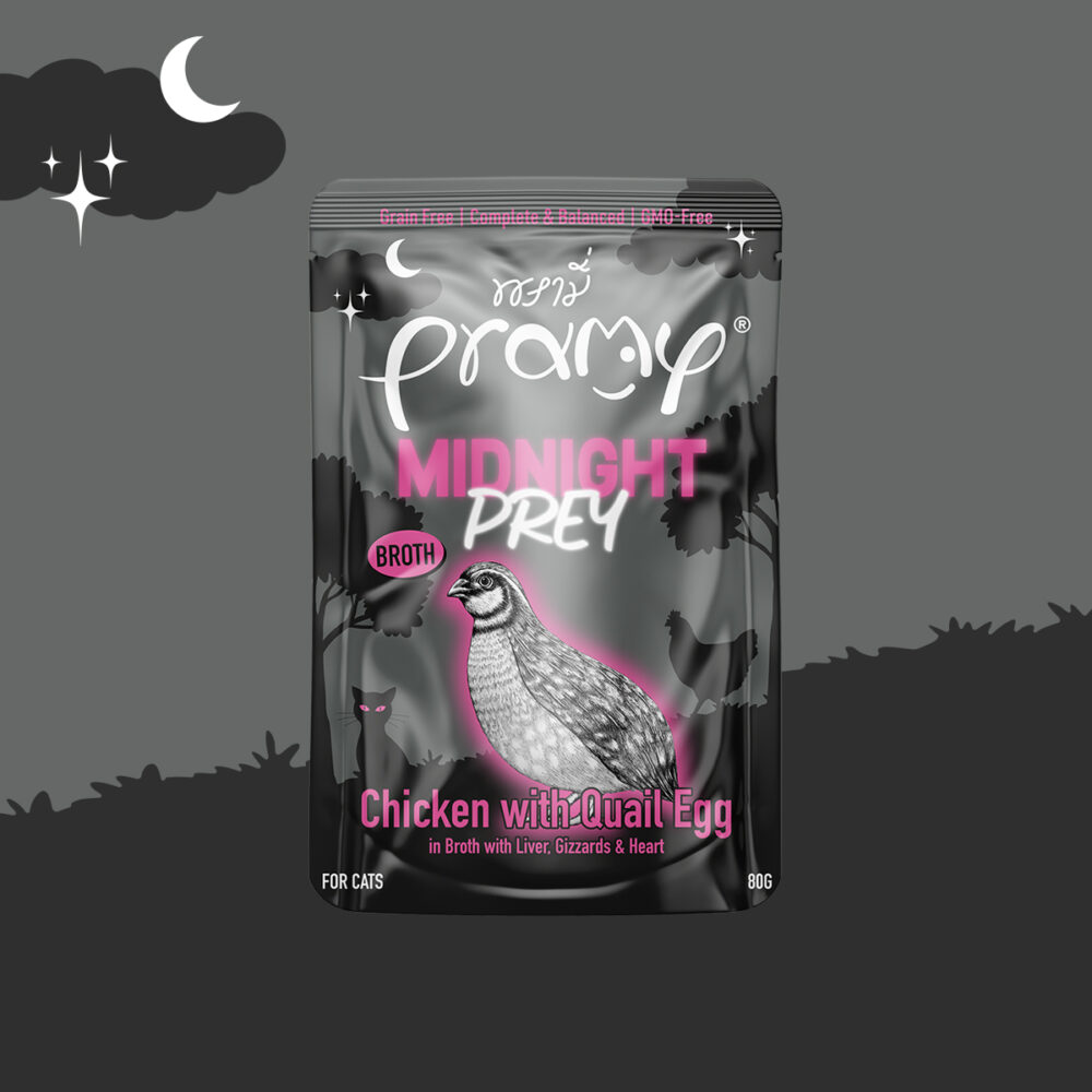 Pramy Cat Midnight Prey piletina s prepeličjim jajem u juhi 60 g