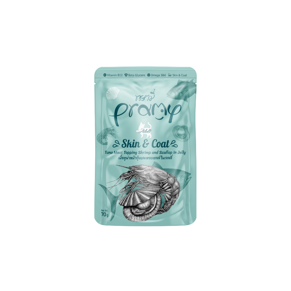 Pramy Cat Skin&Coat tuna sa škampima i jak. kapicama u želeu 70 g