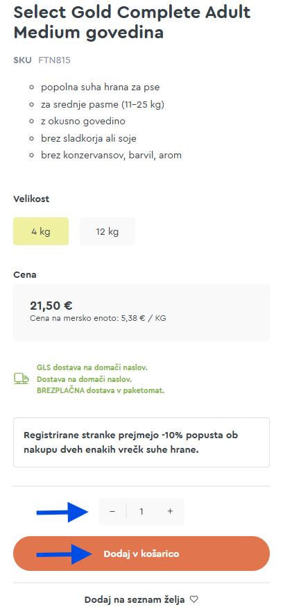 Dodajanje izdelka v košarico